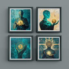 four framed art pieces with artwork on the wall in different styles and colors, each depicting a person holding a golden ball