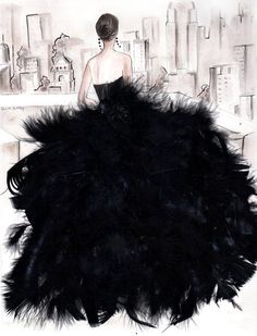 a drawing of a woman in a black dress standing on a ledge with her back to the camera