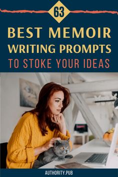 a woman sitting in front of a laptop computer with the words best memory writing prompts to