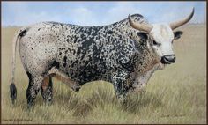 a painting of a longhorn bull standing in a field with blue sky and clouds behind it