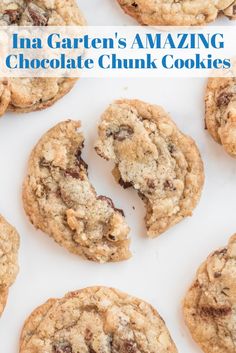 chocolate chip cookies with text overlay that reads ina garden's amazing chocolate chunk cookies