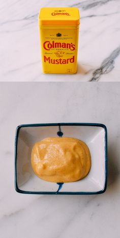 two different views of the same food in a bowl and an empty container with mustard on it