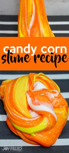 candy corn slime recipe with orange and yellow swirls in the center on a striped tablecloth