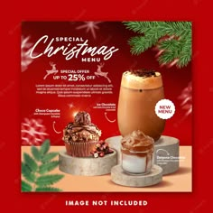 a christmas menu with cupcakes and coffee on it, in front of a red background