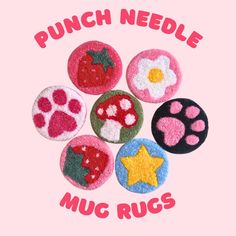 the words punch needle muc rugs are written in red, white and blue