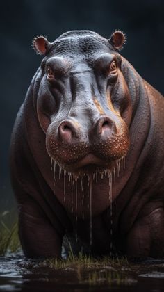 a hippopotamus is sitting in the water with its mouth open and it's tongue hanging out