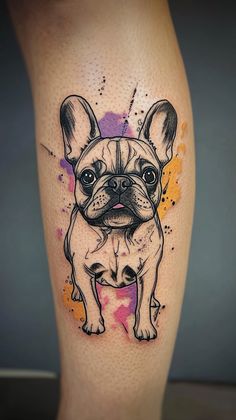 a dog tattoo on the leg with watercolor splashs and ink splatters