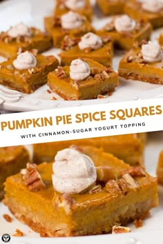 pumpkin pie spice squares with cinnamon - sugar yogurt toppings on a white plate