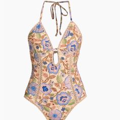 Worn Once. This Is A Size (1) 4-6 Crocheted Along The Edges, Zimmermann's Junie One-Piece Swimsuit Showcases A Vivid Floral Print. This Piece Features A Plunging Neckline With A Bar And A Halter Self-Tie. Plunge Neck, Bar Detail Back Self-Tie Closure 80% Polyamide/20% Elastane Lining: 92% Polyamide/8% Elastane Crochet: 66% Cotton/27% Polyester/7% Metallic Fibres Hand Wash Imported Bar Detail, A Bar, Plunging Neckline, Womens Swim, One Piece Swimsuit, Floral Print, Floral Prints, Hand Wash, One Piece