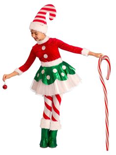 Your little angel will be channeling the magic of Christmas all holiday long when you pick up our Christmas Princess Candy Cane Elf Girls Costume! With your purchase, you will receive everything you need to turn your daughter into a gorgeous candy cane elf. Complete with a beautiful red and green dress, a red and white striped hat, a pair of matching candy cane leggings, and a pair of green boot covers, you can't go wrong with this look. Buy your candy cane princess costume today! Elf Princess, Christmas Elf Costume, Princess Halloween Costume, Elf Shoes, Elf Clothes, Elf Costume, Kids Candy, Princess Costume, Princess Dolls