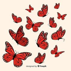 a group of red butterflies flying in the air with their wings spread out and facing different directions