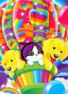 three cats and two dogs are in a hot air balloon