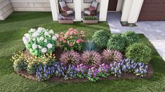 a flower garden in front of a house with purple and white flowers on the grass