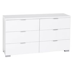 a white dresser with four drawers and two doors on one side, in front of a white background