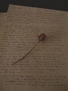 an old piece of paper with writing on it and a flower sticking out of the middle