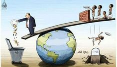 a cartoon depicting a man balancing on top of the world with other people around him