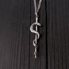 "This beautifully detailed Rod of Asclepius is an ancient Greek symbol associated with astrology and with healing the sick through medicine. It consists of a serpent entwined around a staff. Asclepius, the son of Apollo, was practitioner of medicine in ancient Greek mythology. This handmade piece is cast in sterling silver, oxidized in recesses to enhance the fines detail of this 1.75\" long pendant. It will arrive in a branded \"Moon Raven Designs\" gift box ready to present to a graduating nur Ancient Greek Symbols, Rod Of Asclepius, Greek Mythology Jewelry, Actor Gifts, Sugar Skull Necklace, New Mommy Gifts, Medical Jewelry, Skull Pendant Necklace, Horse Necklace