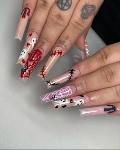 Hello Kitty Halloween Nails, Spooky Nails Acrylic, Baddie Halloween Nails, Hype Nails, Spooky Nail Ideas, Nails Acrylic Halloween, Bone Nails, Zodiac Nails, Hoco Nails