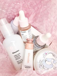 Skin Care Pink Aesthetic, Glossier Haul, Light Pink Skincare Aesthetic, Hair Routine, Milky Jelly Cleanser, Cosmetics Brands, Facial Cleanser, How To Apply Makeup, Makeup Skin Care