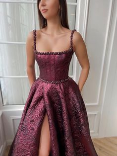 Modern Prom Dresses, Ethereal Fashion, Prom Dress With Pockets, Teuta Matoshi, Formal Prom Dress, Prom Dresses With Pockets, Brocade Dresses, Custom Size Dresses, Burgundy Dress