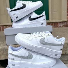 Custom Painted Nike Air Force 1s Bride: Silver Glitter Swoosh + Silver Rhinestone Swoosh With Dates + Custom Quote/Symbol Hand Painted With Angelus Leather Paint Sealed And Finished With Angelus Finisher Waterproof & Scratch Resistant Colors Can Be Adjusted All Sizes Available (Men’s, Women’s & Kids) Processing Time : 3-4 Weeks Follow And Dm My Custom Sneakers Ig: @_lacedbylee For $50 Discount His And Hers Nike Shoes, Matching Nikes For Wedding, Bride And Groom Matching Shoes, Wedding Nike Shoes Brides, Wedding Nikes Bride And Groom, Wedding Air Force Ones, Nike Wedding Shoes, Wedding Air Force Ones Matching, Wedding Air Forces