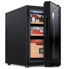 an open black cabinet with shelves and drawers