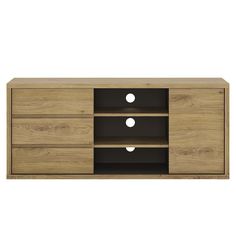 an entertainment center with three drawers and two circles on the front, one door open