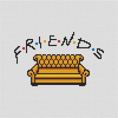 a cross stitch pattern with a couch and the words friends written in black on it