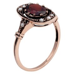 10k-rose-gold-vintage-style-genuine-oval-garnet-and-cultured-pearl-ring Garnet And Pearl, Cultured Pearl Ring, January Birthstone Rings, Garnet Gemstone, Ring Size Guide, Birthstone Ring, Pearl Ring, Cultured Pearls, Free Jewelry