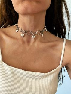 Silver Necklace Chocker, Silver Heart Choker, Chunky Silver Choker, Unique Choker Necklace, Chunky Silver Heart Necklace, Silver Beads Necklace, Chunky Silver Necklaces, Silver Chunky Necklace, Necklace Outfit Ideas