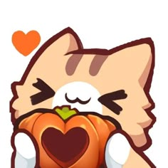 a cat holding a pumpkin in its paws with hearts on it's chest and eyes