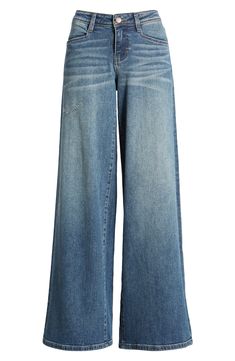 Whiskering on the thighs adds character to stretch-hinted wide-leg jeans that add dynamic movement to everyday ensembles. 33" inseam; 23" leg opening; 8 1/2" front rise; 14" back rise (size 27) Zip fly with button closure Five-pocket style 99% cotton, 1% spandex Machine wash, line dry Imported Ae '90s Wide Leg Jean, Wide Leg Jeans 70s, Wde Leg Jeans, High Waisted Wide Leg Jeans Nordstrom, Pantalona Wide Leg Jeans, Wide Leg Jeans Hippie, Jeans Size Xxs, Mom Wide Leg Jeans, Jeans Gris Large