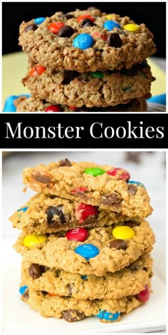 monster cookies stacked on top of each other with the words monster cookies in front of them