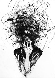 a black and white drawing of a woman's face with her hands in the air