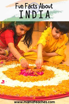 two children in front of a flower arrangement with text overlay that reads fun fact about india