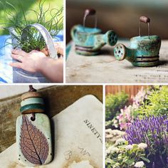 four different pictures with flowers and plants in them, including an old teapot as a planter