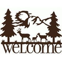 a welcome sign with deer and trees in the background