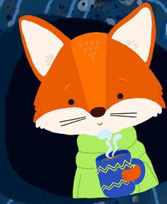 a cartoon fox holding a cup of coffee