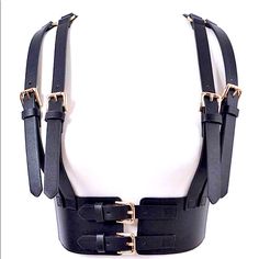 10 Off 1st Order On Pm Code: Elove4fashion Vegan Leather Length - 40" Width - 1.5" Buckle Closure Polyurethane, Elastic One Size Fits Most Chunky Black And Gold Corset Harness Double Grommet Wide Leather Belt (Vegan Leather) Western Belt Wide Leather Buckle Tags: Wide Waist Leather Western/ Cowboy Chain Corset Studded Vintage Rhinestone Crystal Buckle Bag Clincher Harness Suspenders Skinny Designer Elastic Stretch Chunky Black & Gold Belly Black And Gold Corset, Harness Aesthetic, Harness Suspenders, Body Harness Outfits, Chain Corset, Black Leather Suspenders, Corset Harness, Corset Waist Belt, Harness Outfit