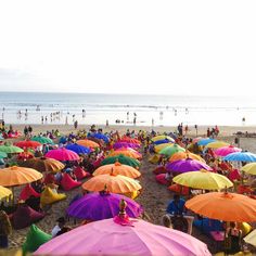 many people are sitting under umbrellas on the beach