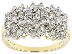 2.00ctw round Candlelight Diamonds™, 10k yellow gold cluster ring. Measures approximately 3/4"L x 7/16"W and is sizeable. White rhodium enhanced prongs. Diamonds, Yellow, Cluster Ring, Beautiful Rings, Yellow Gold, Ring, Gold, White