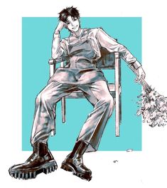 a drawing of a man sitting in a chair with his hand on his head and one foot on the ground