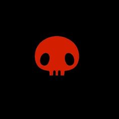 a red skull on a black background with two eyes in the center and one eye closed