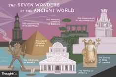 the seven wonders of the ancient world are depicted in this cartoon style image with text below