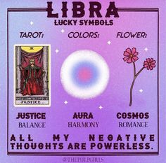 a poster with the words libra, lucky symbols, colors, and flowers on it