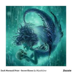 a blue mermaid with long hair holding a skull in her hands and looking down at the water