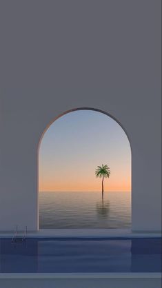 a palm tree sitting in the middle of an empty pool with water and a boat