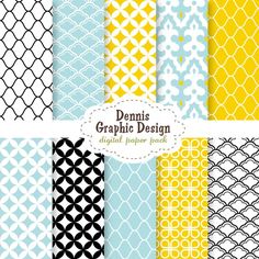 a set of nine different patterns in blue, yellow and white colors with the words graphic design on them