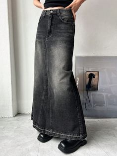 Women's Pocket Patchwork Fringe Hem Maxi Denim Skirt Black Casual   Woven Fabric Plain,All Over Print Mermaid Non-Stretch  Women Clothing, size features are:Bust: ,Length: ,Sleeve Length: Shein Denim Skirt, Black Denim Maxi Skirt, Jean Skirt Long, Y2k Jean Skirt, Denim Skirt Black, Maxi Denim Skirt, Black Jean Skirt, Long Jean Skirt, Blue Jean Skirt