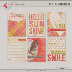 a set of four cards with words and pictures on them that say hello sunshine, you make me smile